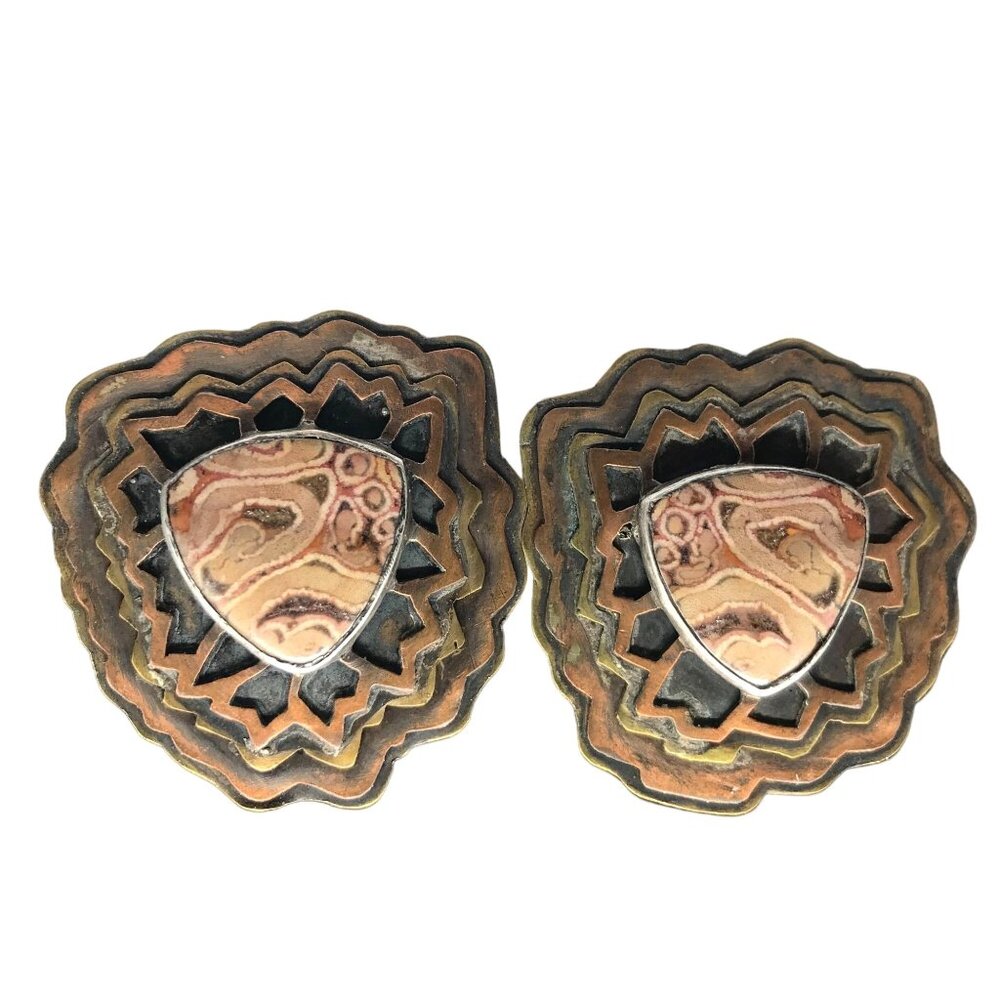 Artisan Collette Fortin Lace Agate Earrings, Hand Crafted Pieced and Set